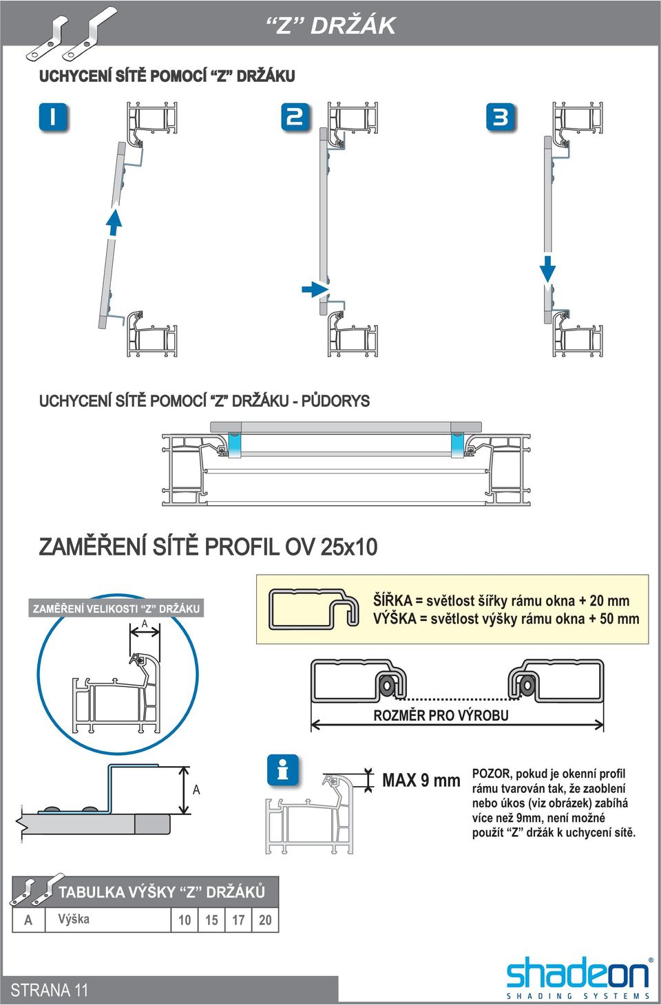 VÝROU A MAX9mm POZOR, pokud je okenní profil rámu tvarován tak, že zaoblení nebo úkos (viz