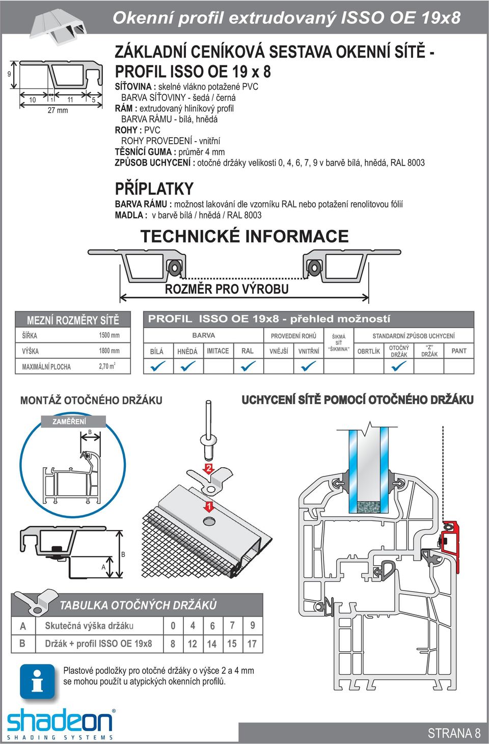 renolitovou fólií MADLA : v barvě bílá / hnědá / 8003 ROZMĚR PRO VÝROU 1500 mm 1800 mm MAXIMÁLNÍ PLOCHA 2,70 m 2 PROFIL ISSO OE 19x8 - přehled možností ÍLÁ ARVA ORTLÍK STANDARDNÍ ZPŮSO UCHYCENÍ