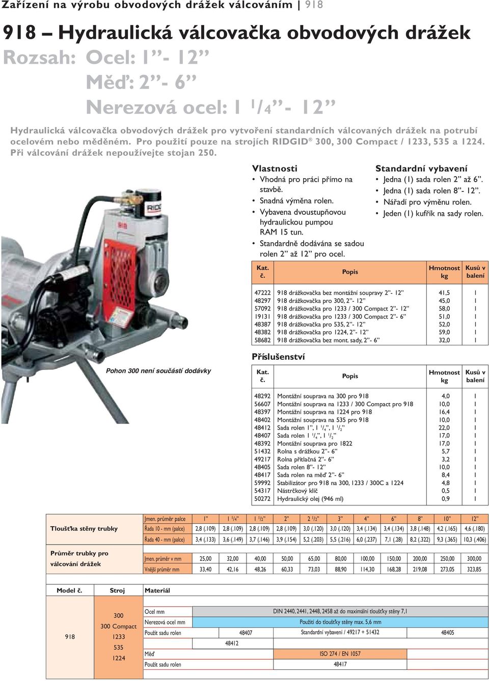 Vlastnosti Vhodná pro práci přímo na stavbě. Snadná výměna rolen. Vybavena dvoustupňovou hydraulickou pumpou RAM 15 tun. Standardně dodávána se sadou rolen 2 až 12 pro ocel.