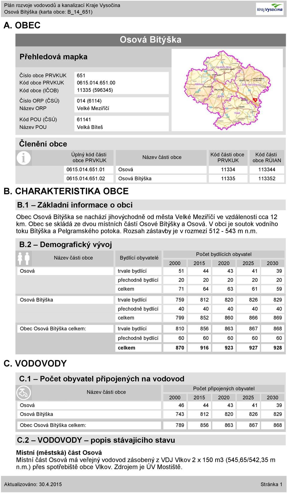 CHARAKTERISTIKA OBCE B.1 Základní informace o obci Obec Osová Bítýška se nachází jihovýchodně od města Velké Meziříčí ve vzdálenosti cca 12 km.