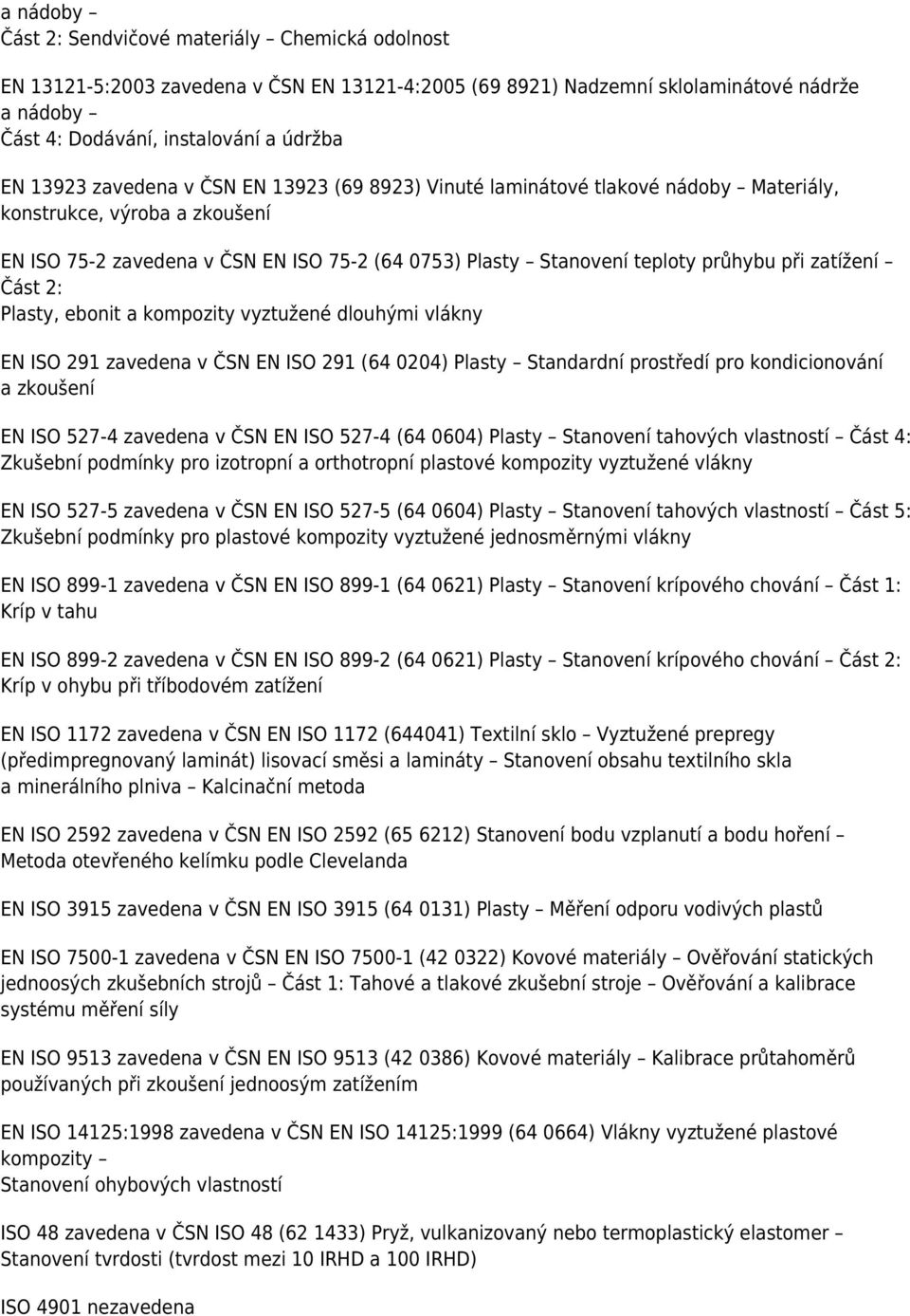 zatížení Část 2: Plasty, ebonit a kompozity vyztužené dlouhými vlákny EN ISO 291 zavedena v ČSN EN ISO 291 (64 0204) Plasty Standardní prostředí pro kondicionování a zkoušení EN ISO 527-4 zavedena v