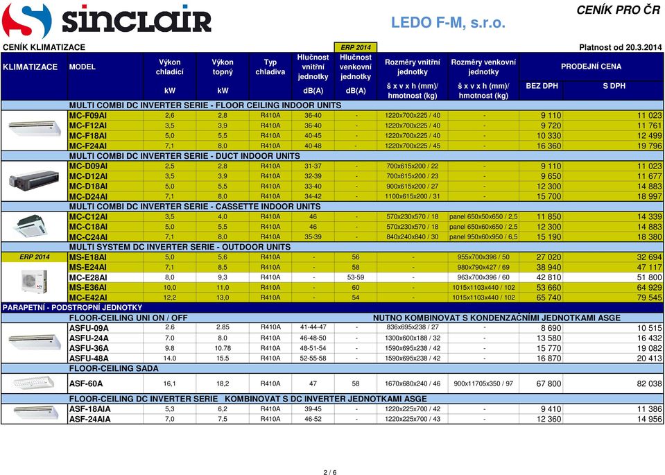 700x615x200 / 22-9 110 11 023 MC-D12AI 3,5 3,9 R410A 32-39 - 700x615x200 / 23-9 650 11 677 MC-D18AI 5,0 5,5 R410A 33-40 - 900x615x200 / 27-12 300 14 883 MC-D24AI 7,1 8,0 R410A 34-42 - 1100x615x200 /