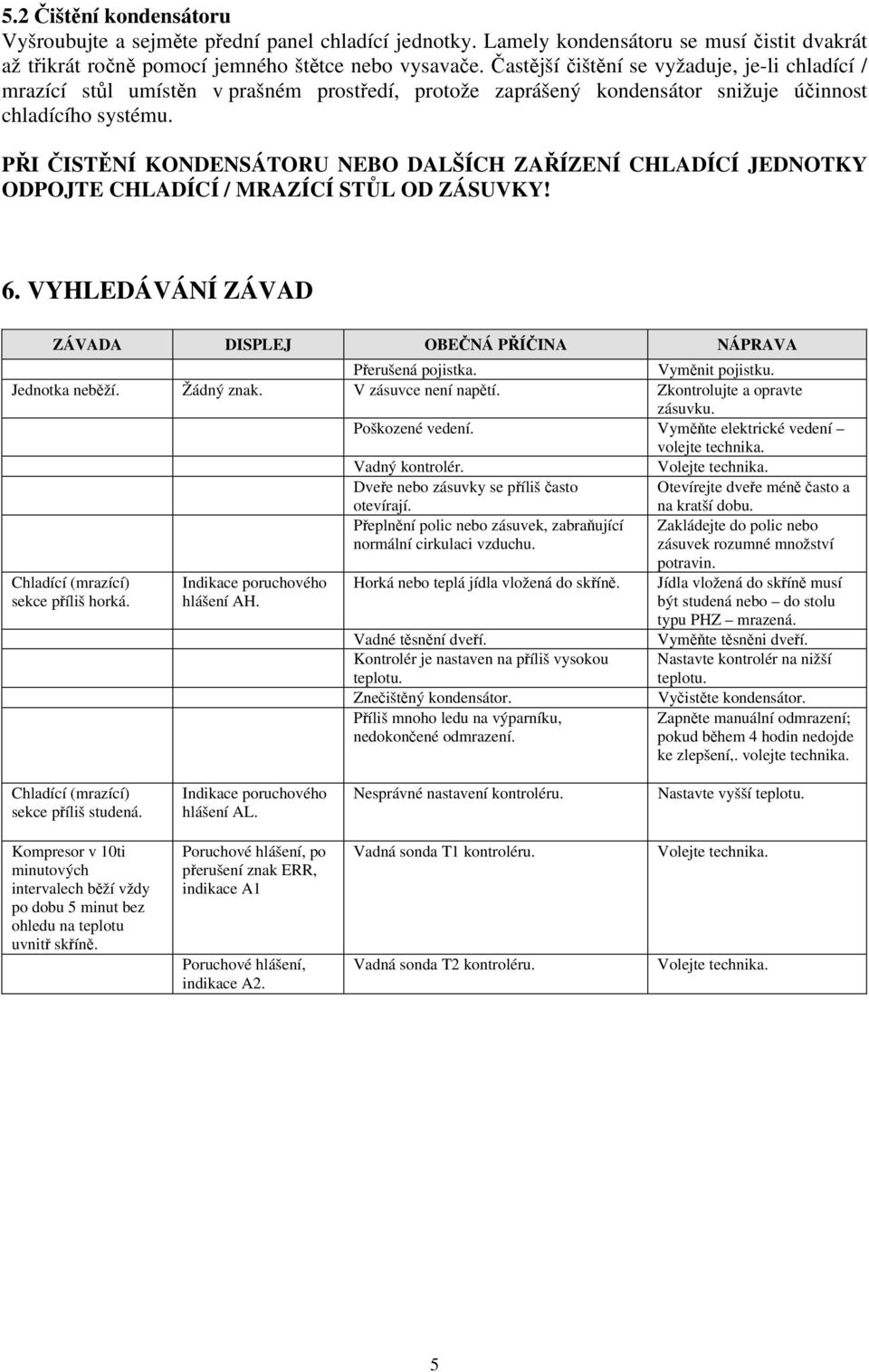 PŘI ČISTĚNÍ KONDENSÁTORU NEBO DALŠÍCH ZAŘÍZENÍ CHLADÍCÍ JEDNOTKY ODPOJTE CHLADÍCÍ / MRAZÍCÍ STŮL OD ZÁSUVKY! 6. VYHLEDÁVÁNÍ ZÁVAD ZÁVADA DISPLEJ OBEČNÁ PŘÍČINA NÁPRAVA Přerušená pojistka.