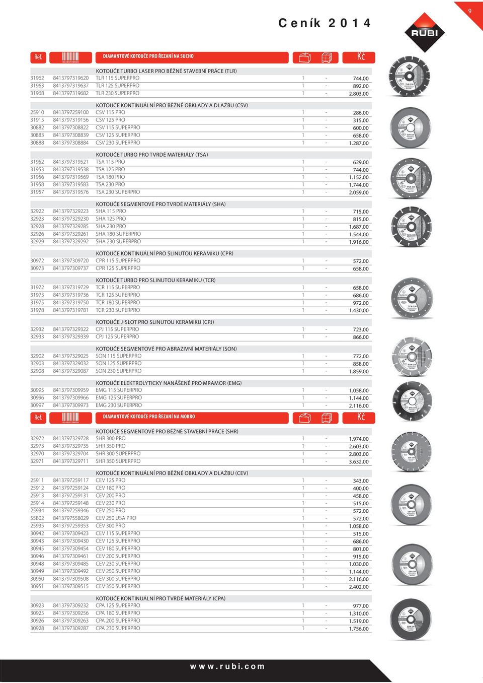 803,00 KOTOUČE KONTINUÁLNÍ PRO BĚŽNÉ OBKLADY A DLAŽBU (CSV) 25910 8413797259100 CSV 115 PRO 1-286,00 31915 8413797319156 CSV 125 PRO 1-315,00 30882 8413797308822 CSV 115 SUPERPRO 1-600,00 30883