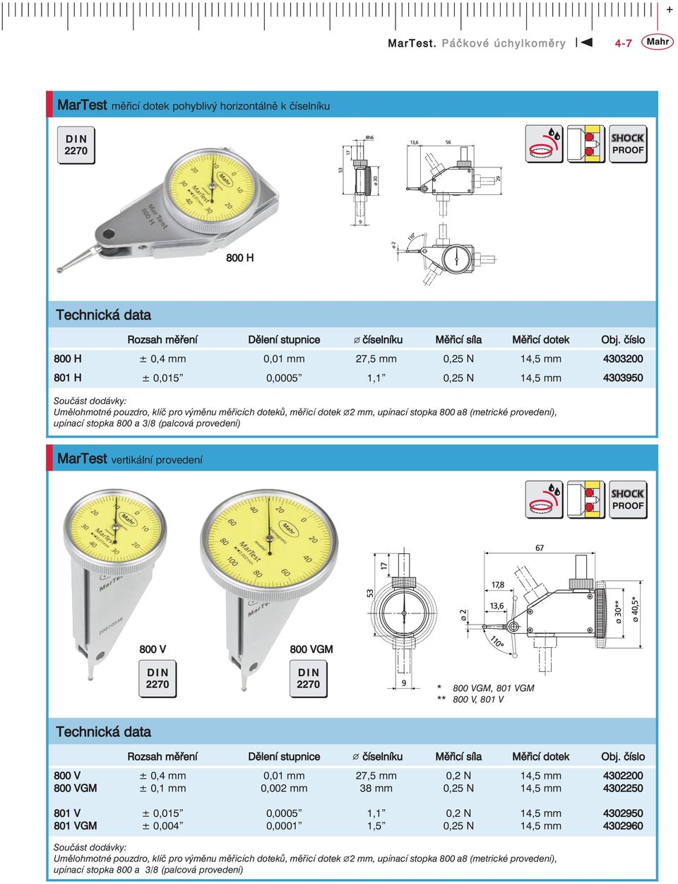 upínací stopka 800 a8 (metrické provedení), upínací stopka 800 a 3/8 (palcová provedení) MarTest vertikální provedení 800 V 800 VGM * 800 VGM, 801 VGM ** 800 V, 801 V Rozsah měření Dělení stupnice