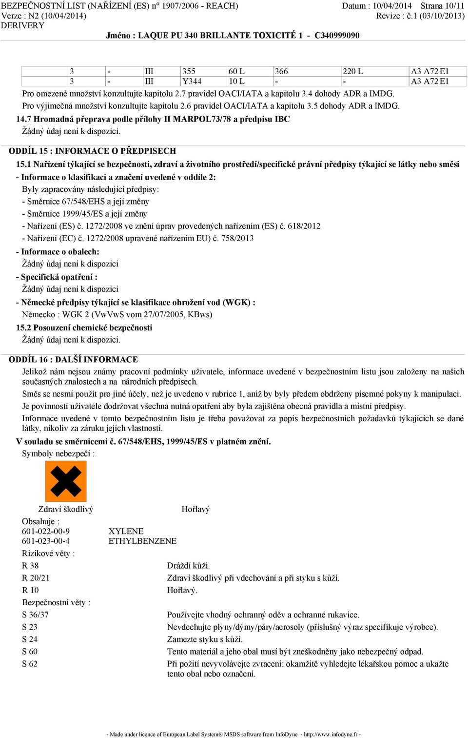 7 Hromadná přeprava podle přílohy II MARPOL73/78 a předpisu IBC ODDÍL 15 : INFORMACE O PŘEDPISECH 15.