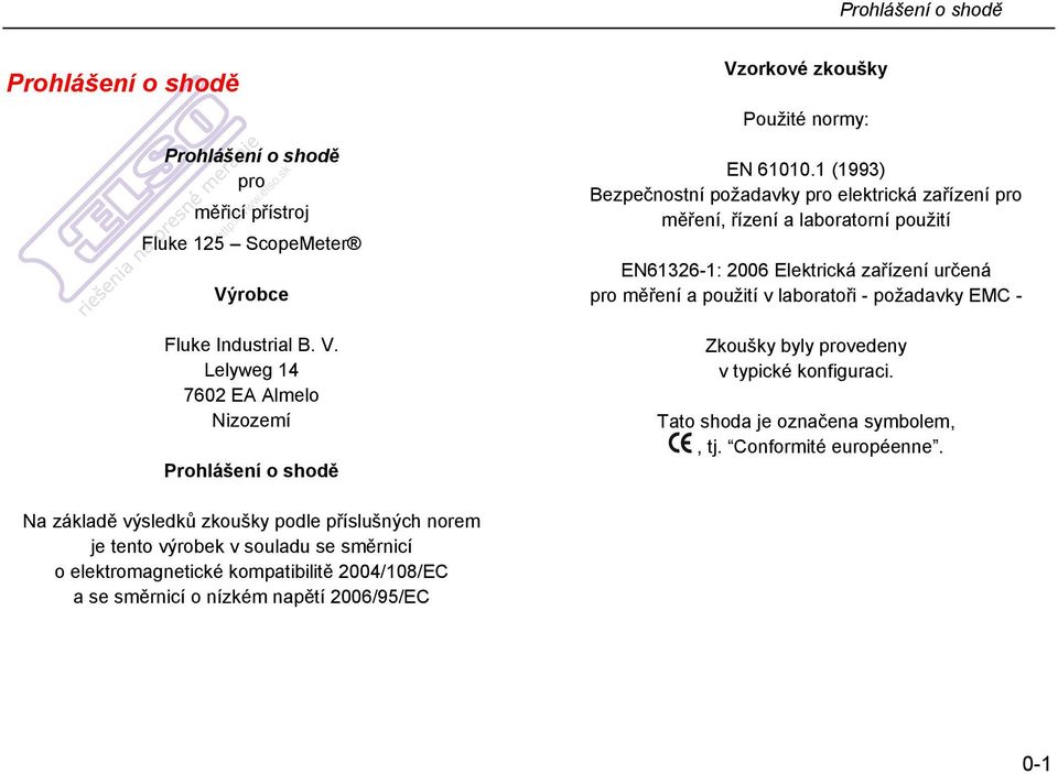 požadavky EMC - Fluke Industrial B. V. Lelyweg 14 7602 EA Almelo Nizozemí Prohlášení o shodě Zkoušky byly provedeny v typické konfiguraci. Tato shoda je označena symbolem,, tj.