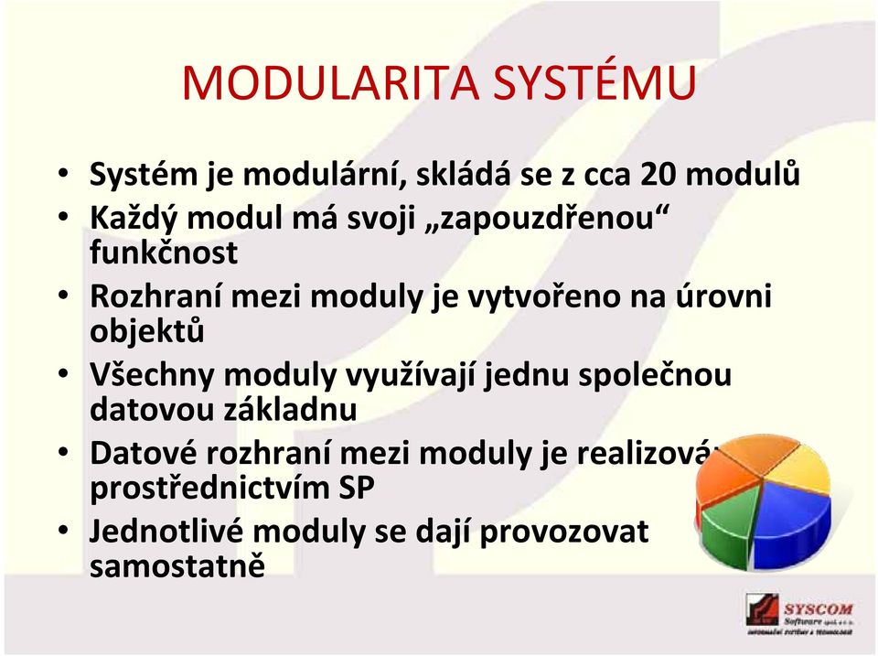 Všechny moduly využívají jednu společnou datovou základnu Datové rozhraní mezi
