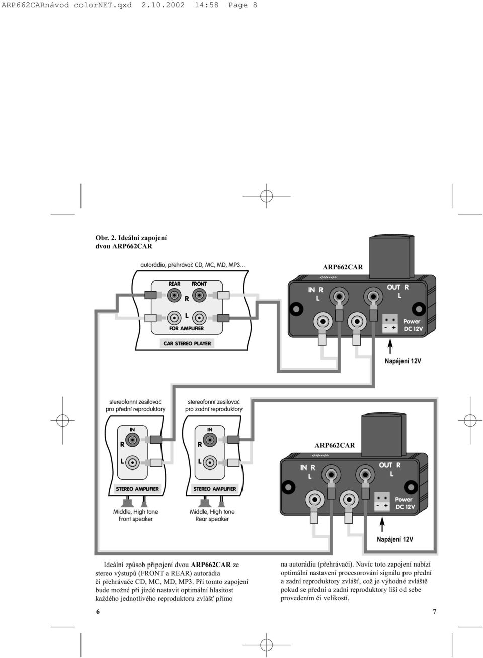 reproduktory IN IN R R ARP662CAR IN R s f g s d g f g OUT R STEREO AMPIFIER STEREO AMPIFIER Middle, High tone Front speaker Middle, High tone Rear speaker - + Power DC 12V Napájení 12V Ideální zpùsob