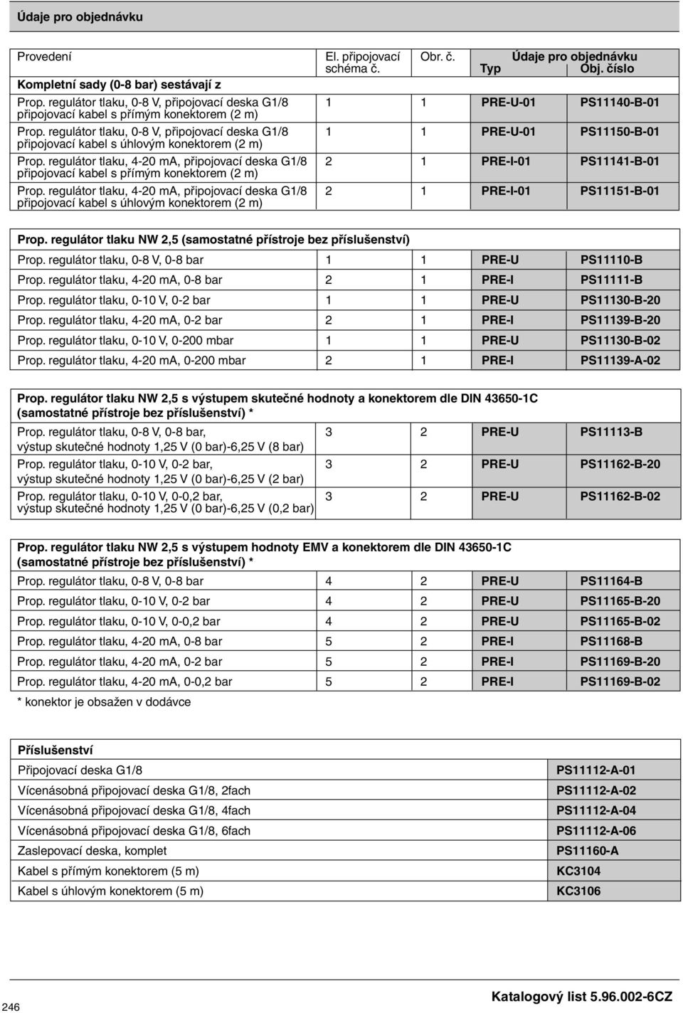 regulátor tlaku, 0-8, připojovací deska G/8 PRE-U-0 PS50-B-0 připojovací kabel s úhlovým konektorem ( m) Prop.