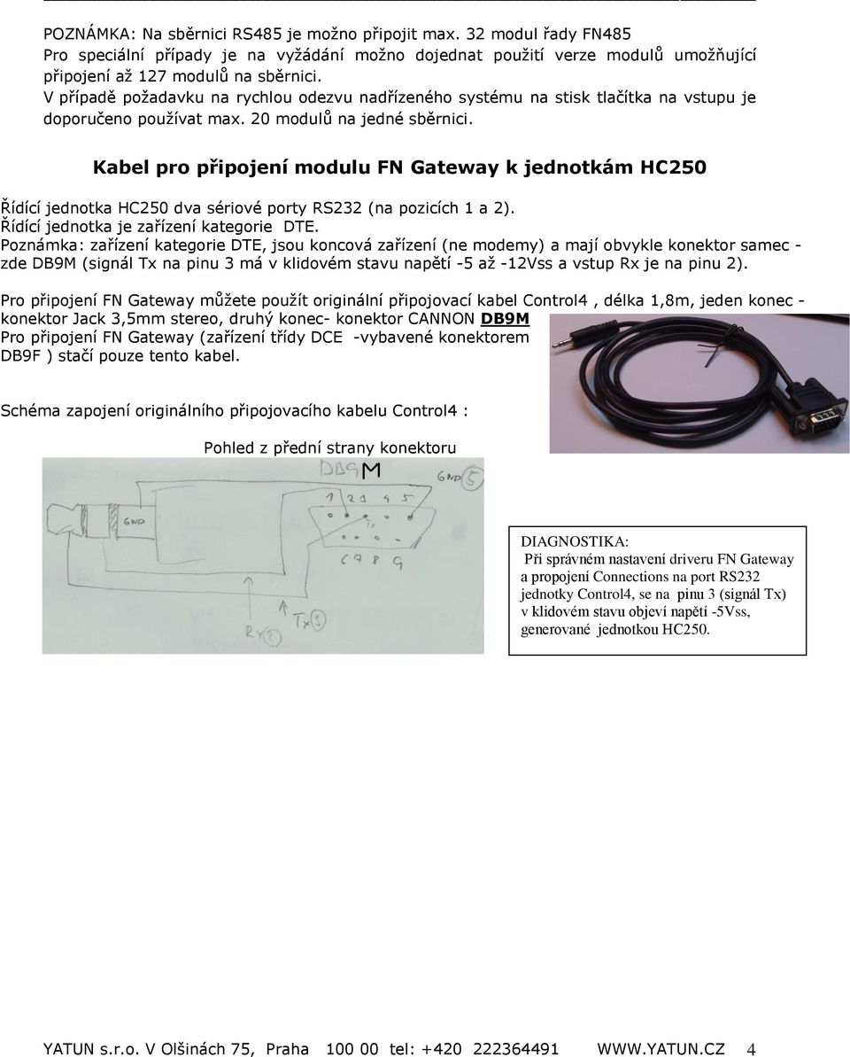 Kabel pro připojení modulu FN Gateway k jednotkám HC250 Řídící jednotka HC250 dva sériové porty RS232 (na pozicích 1 a 2). Řídící jednotka je zařízení kategorie DTE.