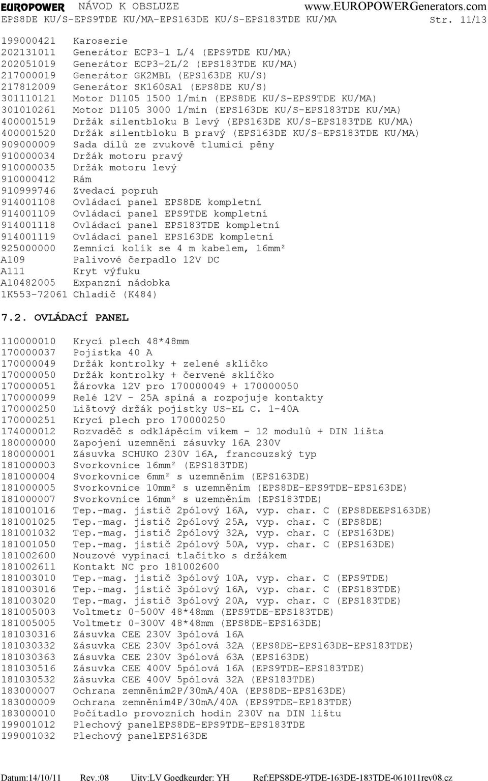 (EPS8DE KU/S) 301110121 Motor D1105 1500 1/min (EPS8DE KU/S-EPS9TDE KU/MA) 301010261 Motor D1105 3000 1/min (EPS163DE KU/S-EPS183TDE KU/MA) 400001519 Držák silentbloku B levý (EPS163DE KU/S-EPS183TDE