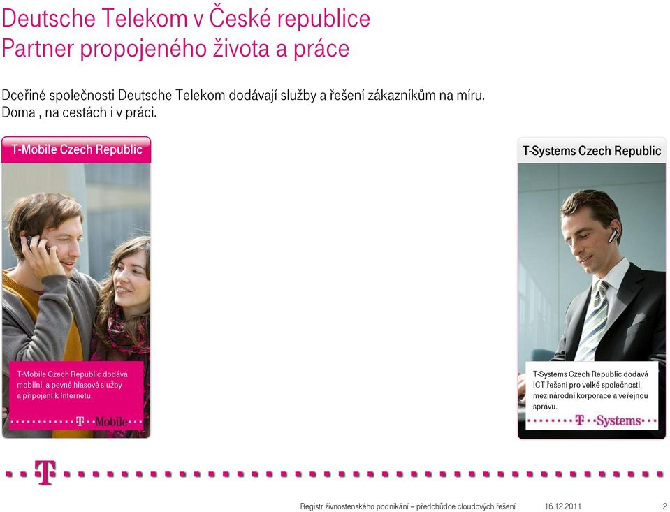 T-Mobile Czech Republic Telekom T-Systems Czech Republic T-Mobile Czech Republic dodává mobilní a pevné hlasové služby a připojení k Internetu.