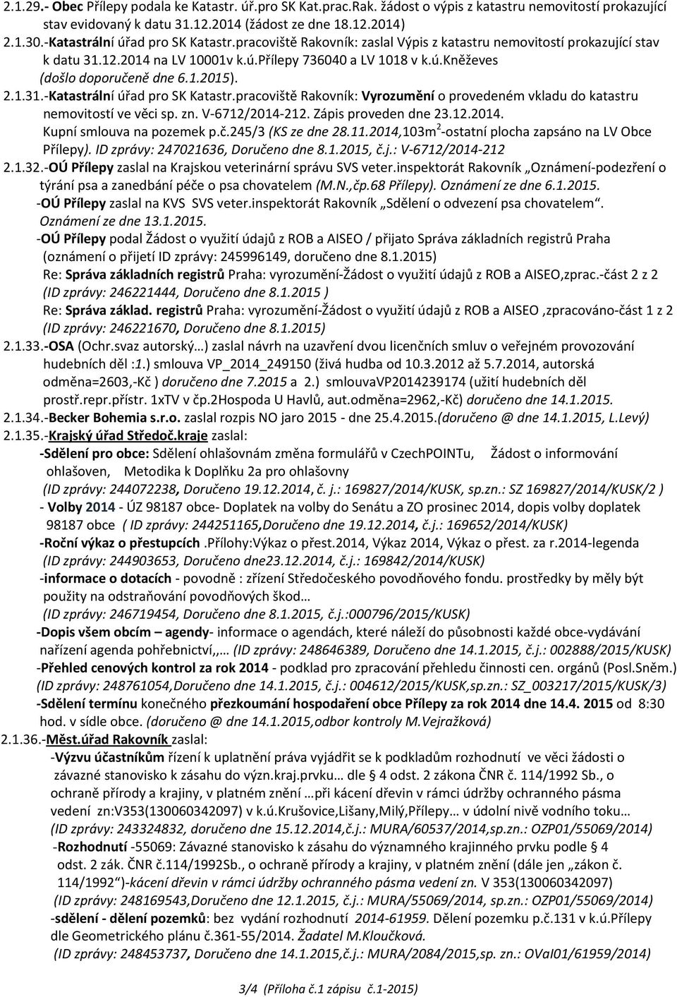 1.2015). 2.1.31.-Katastrální úřad pro SK Katastr.pracoviště Rakovník: Vyrozumění o provedeném vkladu do katastru nemovitostí ve věci sp. zn. V-6712/2014-212. Zápis proveden dne 23.12.2014. Kupní smlouva na pozemek p.