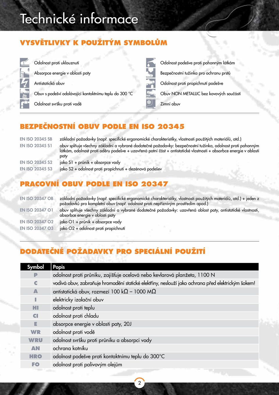 EN ISO 20345 EN ISO 20345 SB EN ISO 20345 S1 EN ISO 20345 S2 EN ISO 20345 S3 základní požadavky (např. specifické ergonomické charakteristiky, vlastnosti použitých materiálů, atd.