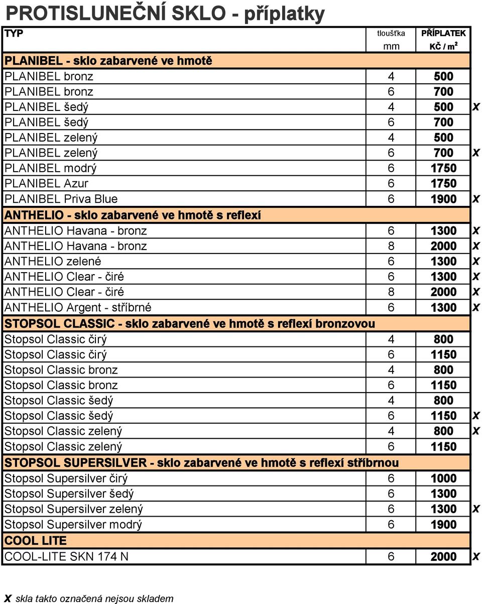 Havana - bronz 8 2000 X ANTHELIO zelené 6 1300 X ANTHELIO Clear - čiré 6 1300 X ANTHELIO Clear - čiré 8 2000 X ANTHELIO Argent - stříbrné 6 1300 X STOPSOL CLASSIC - sklo zabarvené ve hmotě s reflexí