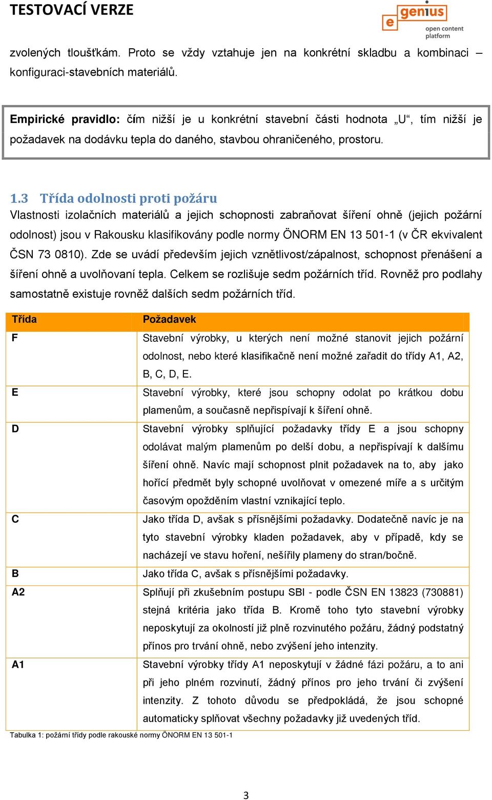3 Třída odolnosti proti požáru Vlastnosti izolačních materiálů a jejich schopnosti zabraňovat šíření ohně (jejich požární odolnost) jsou v Rakousku klasifikovány podle normy ÖNORM EN 13 501-1 (v ČR