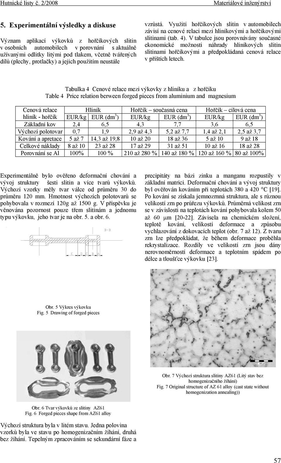 V tabulce jsou porovnávány současné ekonomické možnosti náhrady hliníkových slitin slitinami hořčíkovými a předpokládaná cenová relace v příštích letech.