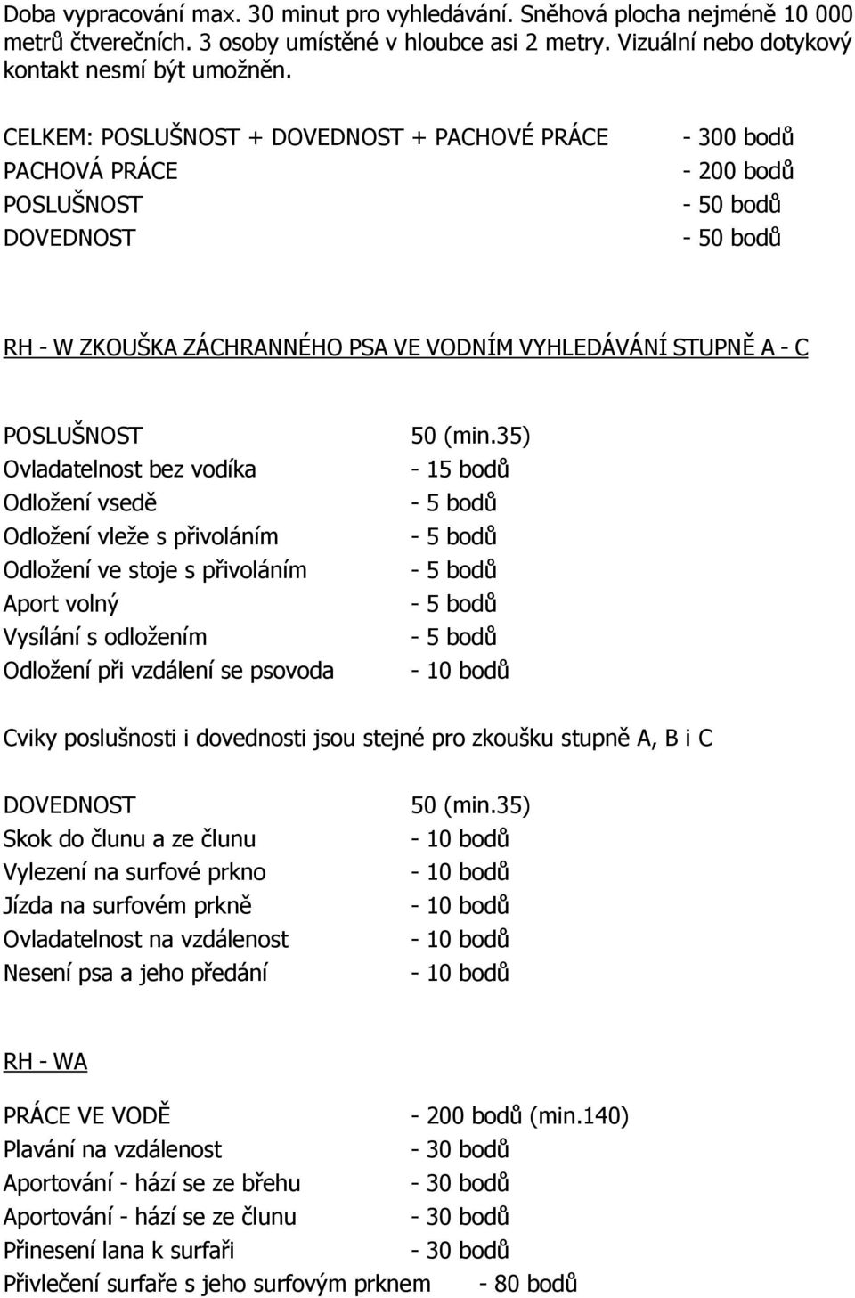 s přivoláním Aport volný Vysílání s odložením Odložení při vzdálení se psovoda - 15 bodů Cviky poslušnosti i dovednosti jsou stejné pro zkoušku stupně A, B i C Skok do člunu a ze člunu Vylezení na