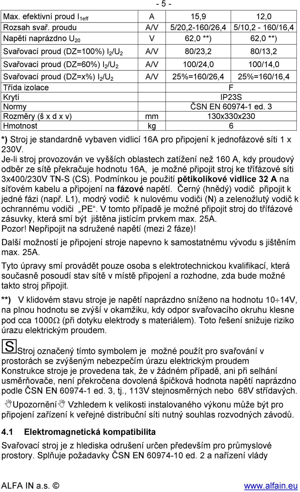 Svařovací proud (DZ=x%) I 2 /U 2 A/V 25%=160/26,4 25%=160/16,4 Třída izolace F Krytí IP23S Normy ČSN EN 60974-1 ed.
