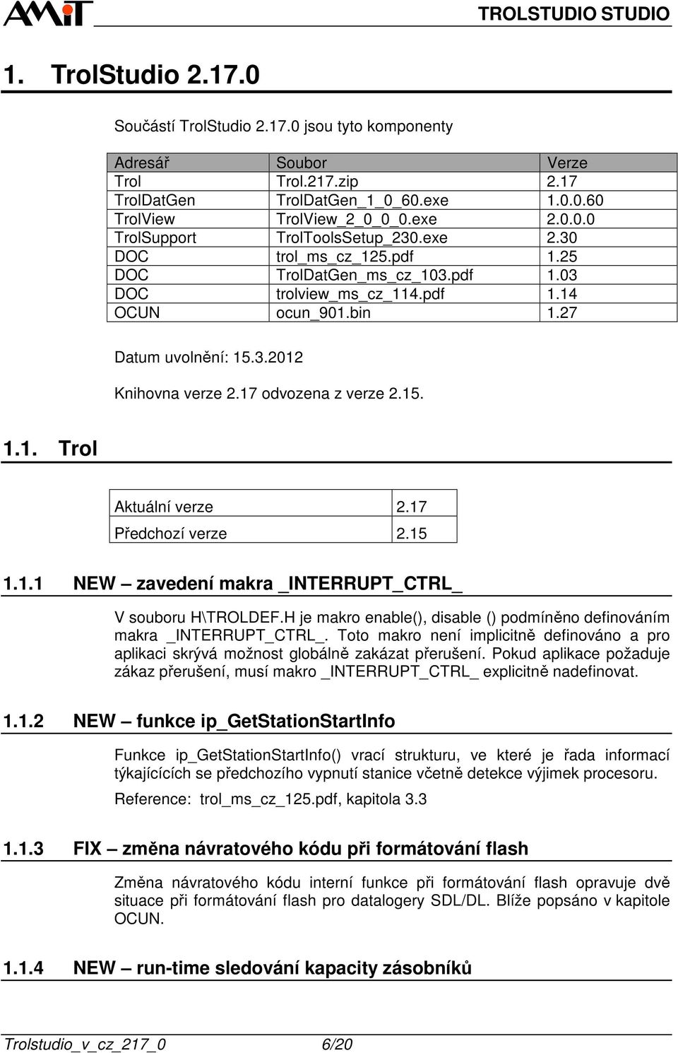 17 odvozena z verze 2.15. 1.1. Trol Aktuální verze 2.17 Předchozí verze 2.15 1.1.1 NEW zavedení makra _INTERRUPT_CTRL_ V souboru H\TROLDEF.