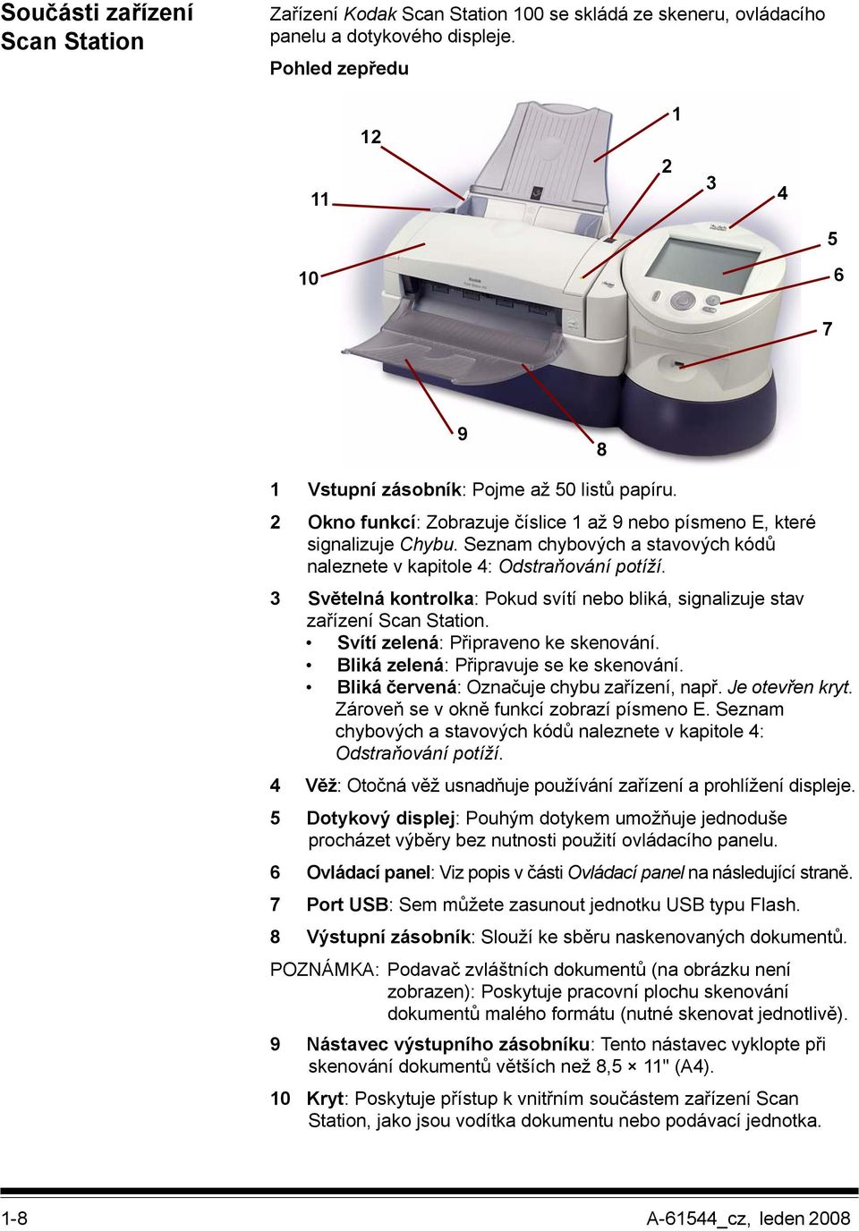 Seznam chybových a stavových kódů naleznete v kapitole 4: Odstraňování potíží. 3 Světelná kontrolka: Pokud svítí nebo bliká, signalizuje stav zařízení Scan Station.