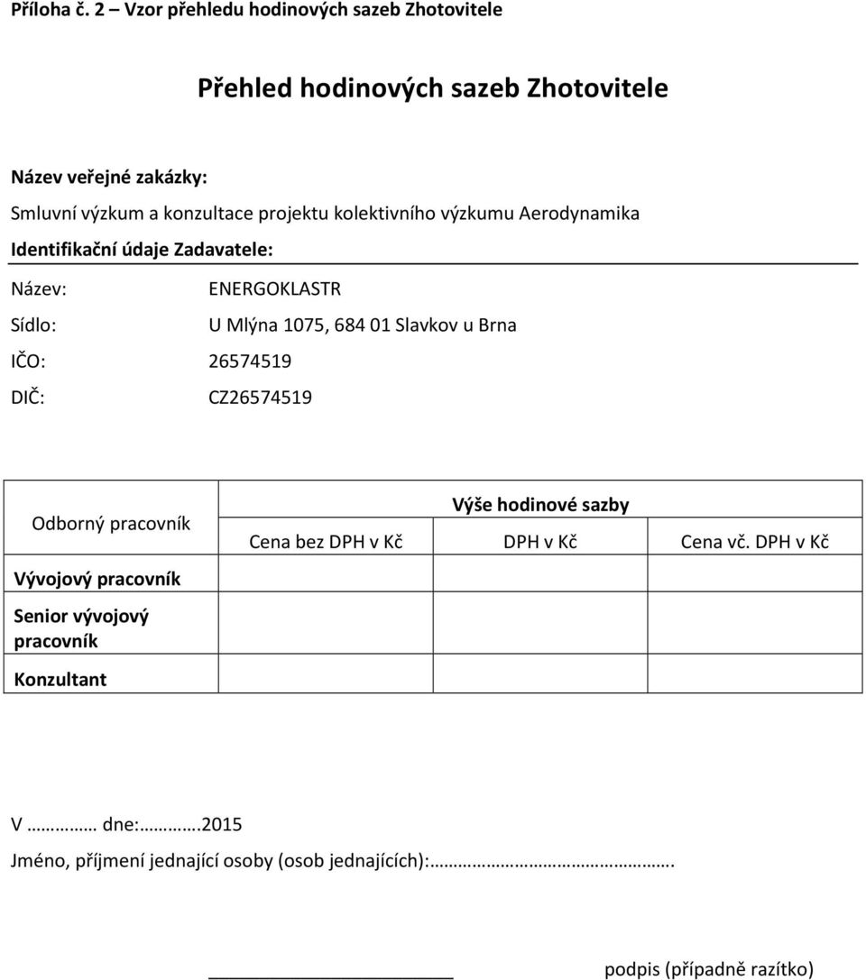 projektu kolektivního výzkumu Aerodynamika Identifikační údaje Zadavatele: Název: ENERGOKLASTR Sídlo: U Mlýna 1075, 684 01 Slavkov u