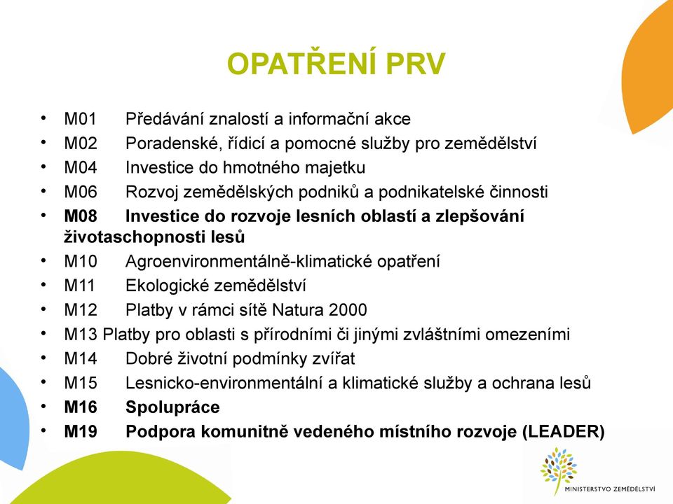 Agroenvironmentálně-klimatické opatření M11 Ekologické zemědělství M12 Platby v rámci sítě Natura 2000 M13 Platby pro oblasti s přírodními či jinými