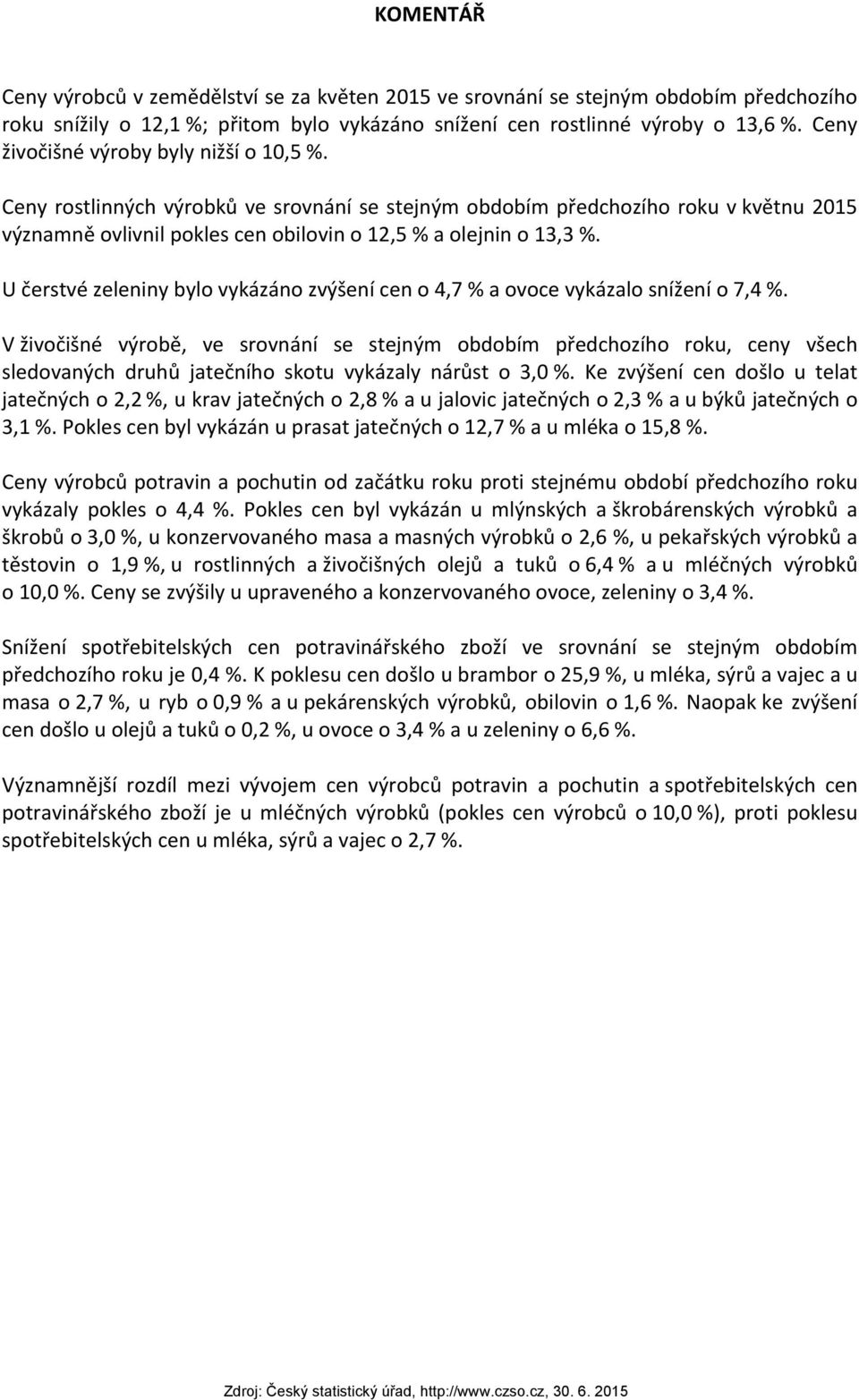 U čerstvé zeleniny bylo vykázáno zvýšení cen o 4,7 % a ovoce vykázalo snížení o 7,4 %.