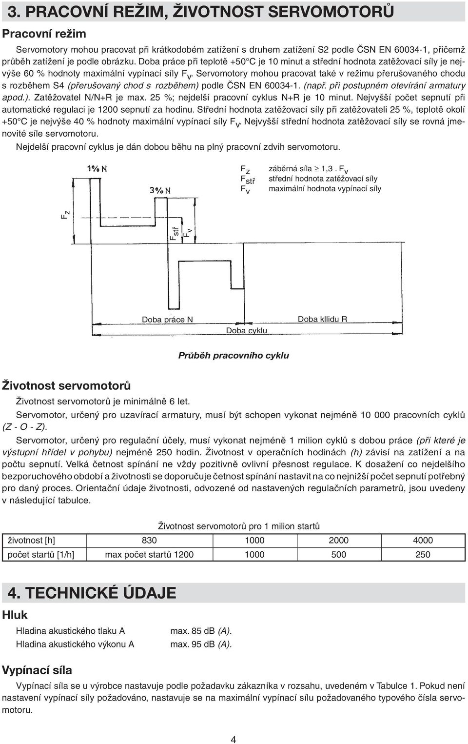 Servomotory mohou pracovat také v režimu přerušovaného chodu s rozběhem S4 (přerušovaný chod s rozběhem) podle ČSN EN 60034-1. (např. při postupném otevírání armatury apod.). Zatěžovatel N/N+R je max.