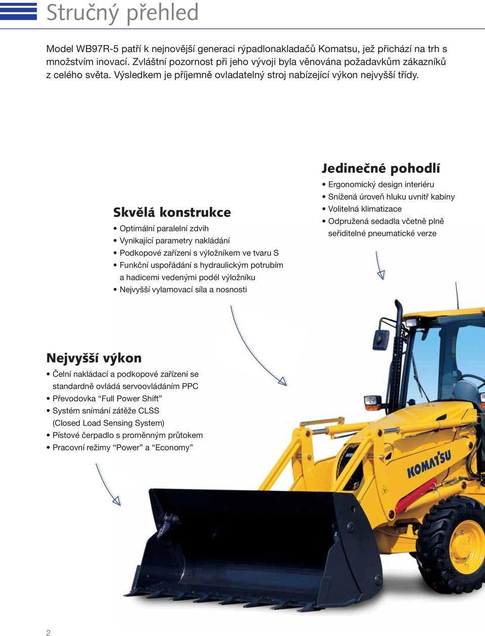 Skvělá konstrukce Optimální paralelní zdvih Vynikající parametry nakládání Podkopové zařízení s výložníkem ve tvaru S Funkční uspořádání s hydraulickým potrubím a hadicemi vedenými podél výložníku