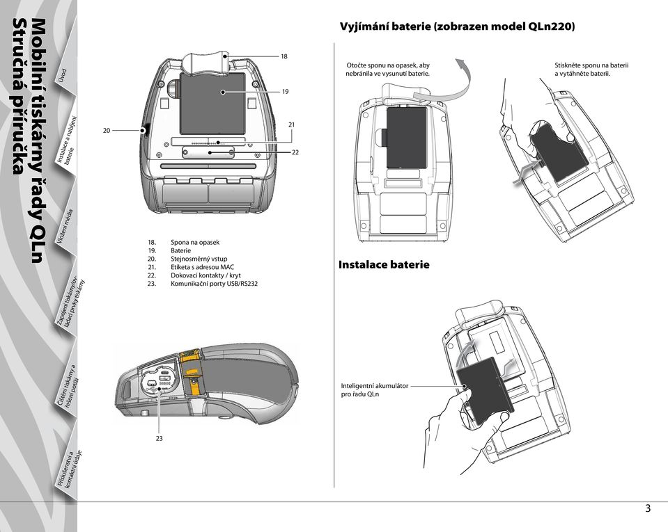 Komunikační porty USB/RS232 18 19 21 22 Vyjímání (zobrazen model QLn220) Otočte