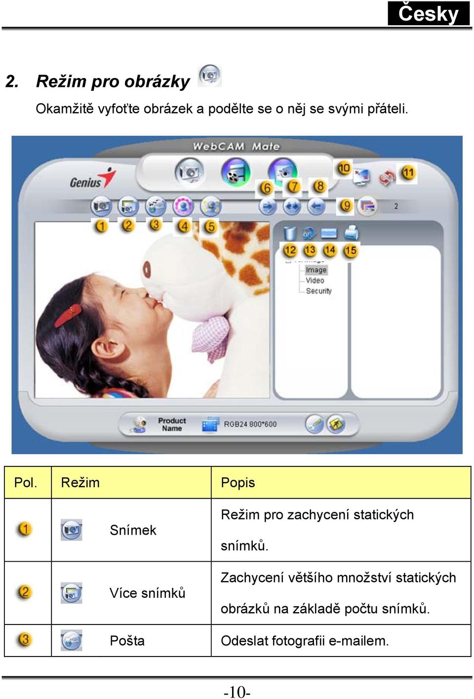 Režim Popis Snímek Více snímků Pošta Režim pro zachycení