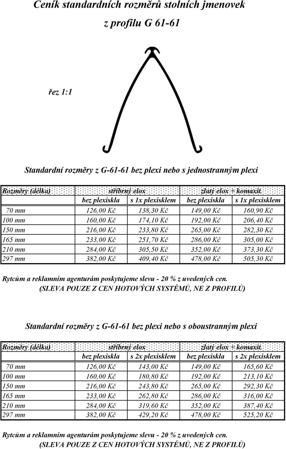 165 mm 233,00 Kč 251,70 Kč 286,00 Kč 305,00 Kč 210 mm 284,00 Kč 305,50 Kč 352,00 Kč 373,30 Kč 297 mm 382,00 Kč 409,40 Kč 478,00 Kč 505,30 Kč Rytcům a reklamním agenturám poskytujeme slevu - 20 % z