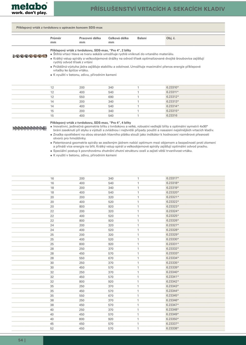 Umožňuje maximální přenos energie příklepové vrtačky ke špičce vrtáku. K využití v betonu, zdivu, přírodním kameni 12 200 340 1 6.23310* 12 400 540 1 6.23311* 12 550 690 1 6.23312* 14 200 340 1 6.