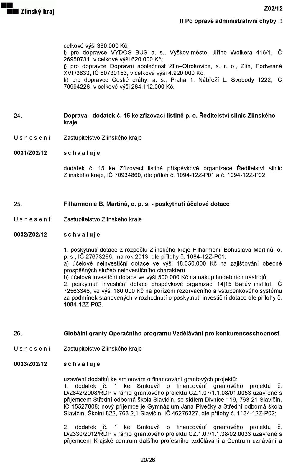 Doprava - dodatek č. 15 ke zřizovací listině p. o. Ředitelství silnic Zlínského kraje 0031/Z02/12 dodatek č.
