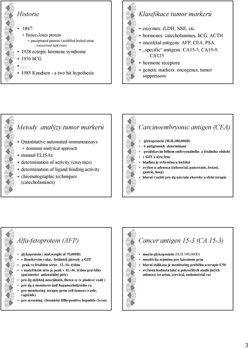 suppressors Metody analýzy tumor markerů Carcinoembryonic antigen (CEA) Quantitative automated immunoassays dominant analytical approach manual ELISAs determination of activity (enzymes)