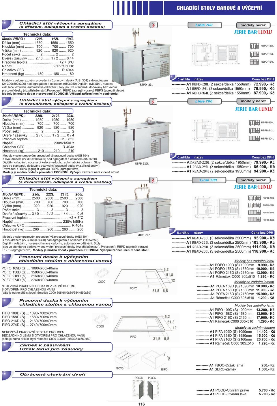 pracovní desky (AISI 304) s dvoudøezem (2x 300x500x300) nad agregátem a odkapem (950x250).Digitální ovládání, nucená cirkulace vzduchu, automatické odtávání.