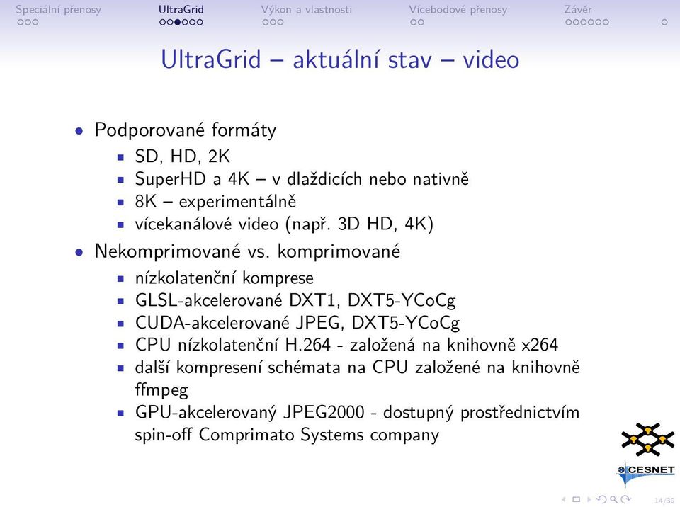 komprimované nízkolatenční komprese GLSL-akcelerované DXT1, DXT5-YCoCg CUDA-akcelerované JPEG, DXT5-YCoCg CPU