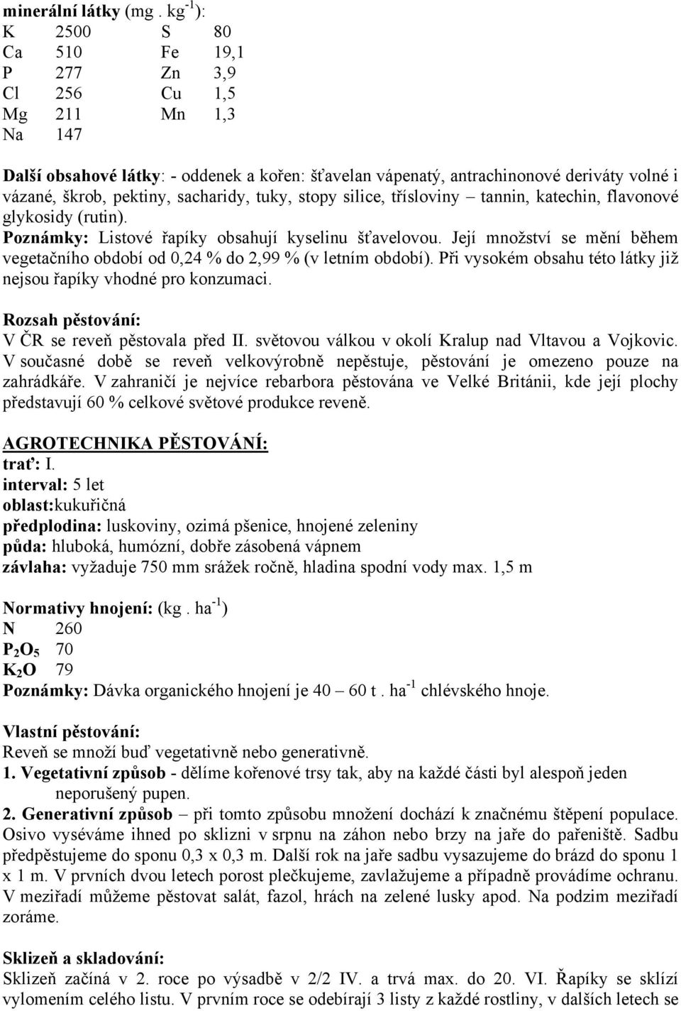 sacharidy, tuky, stopy silice, třísloviny tannin, katechin, flavonové glykosidy (rutin). Poznámky: Listové řapíky obsahují kyselinu šťavelovou.