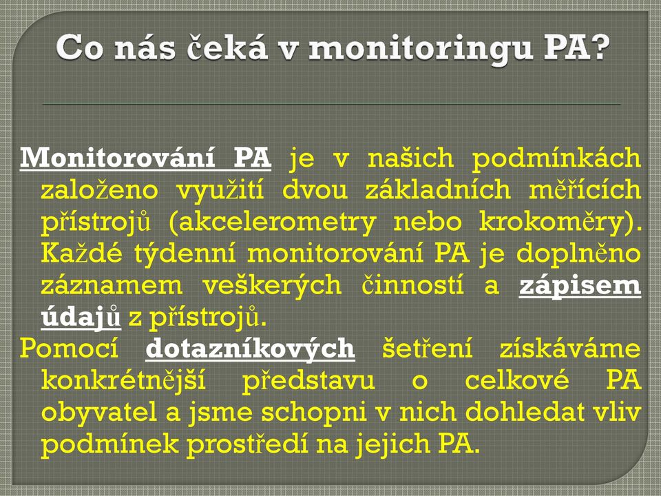 Každé týdenní monitorování PA je doplněno záznamem veškerých činností a zápisem údajů z