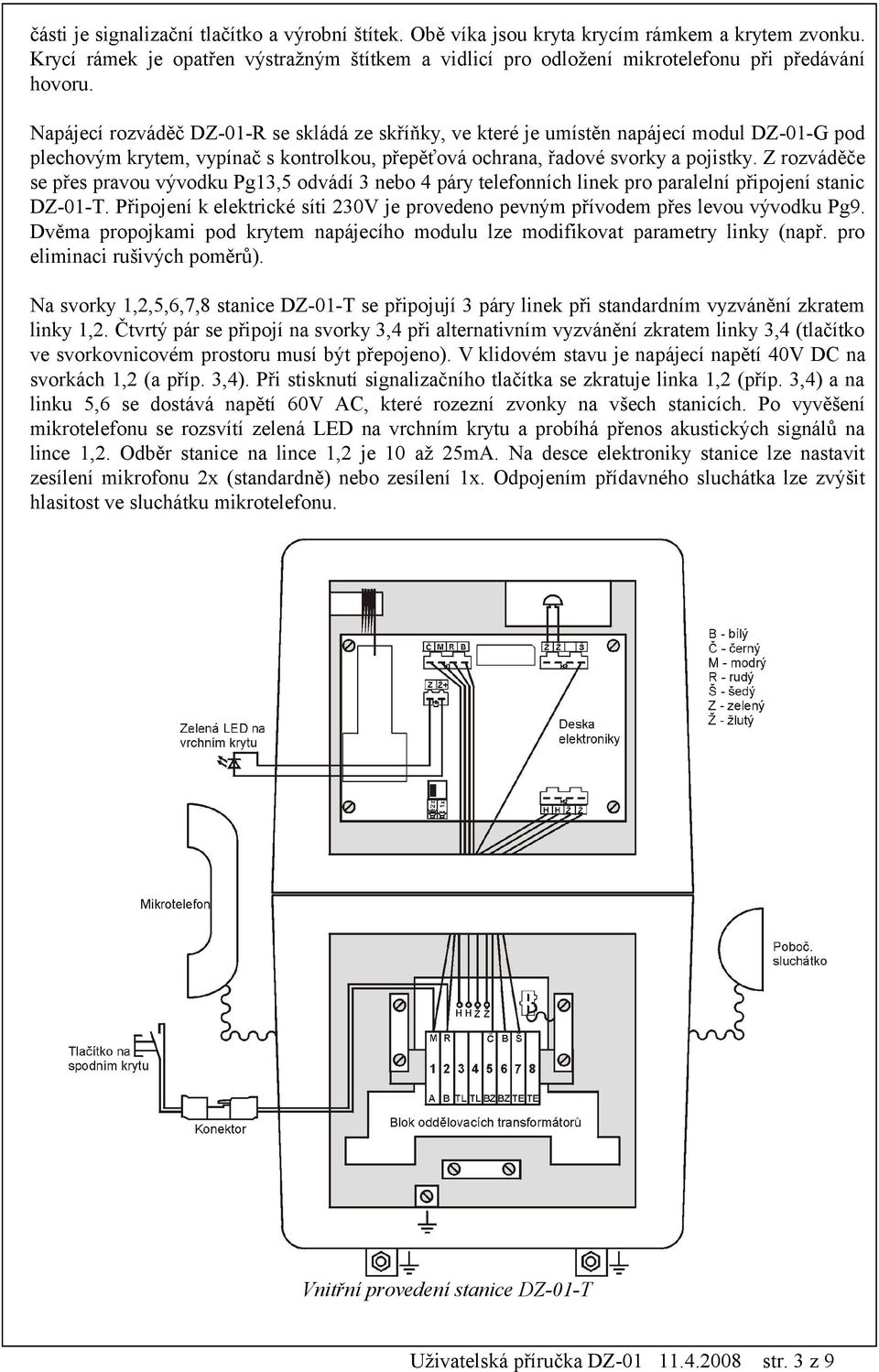 Z rozváděče se přes pravou vývodku Pg13,5 odvádí 3 nebo 4 páry telefonních linek pro paralelní připojení stanic DZ-01-T.