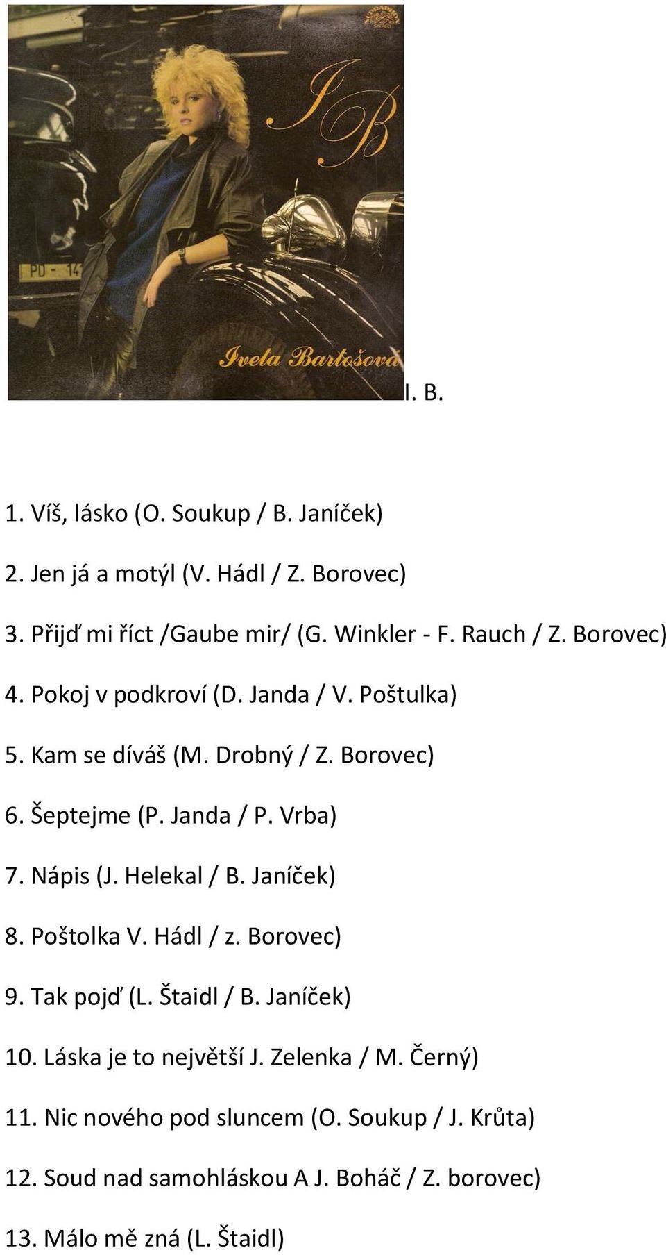 Vrba) 7. Nápis (J. Helekal / B. Janíček) 8. Poštolka V. Hádl / z. Borovec) 9. Tak pojď (L. Štaidl / B. Janíček) 10.