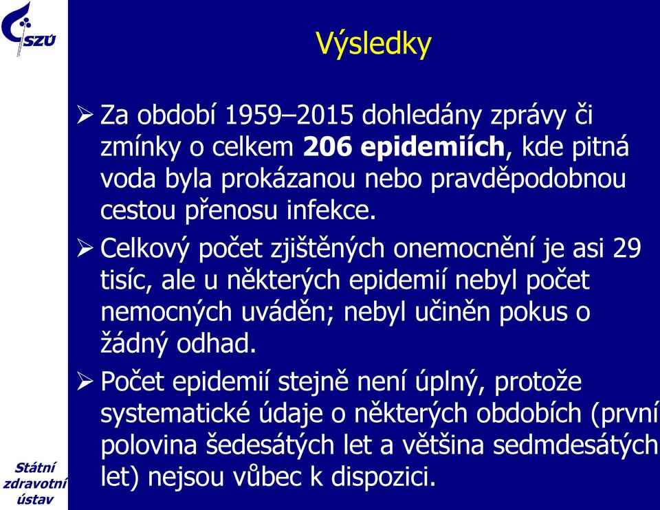 Celkový počet zjištěných onemocnění je asi 29 tisíc, ale u některých epidemií nebyl počet nemocných uváděn; nebyl