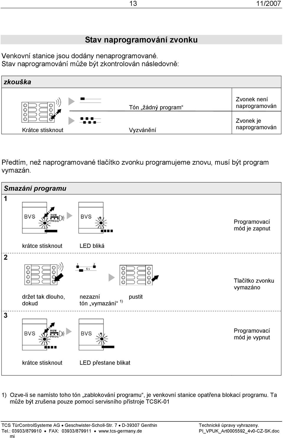 naprogramované tlačítko zvonku programujeme znovu, musí být program vymazán.