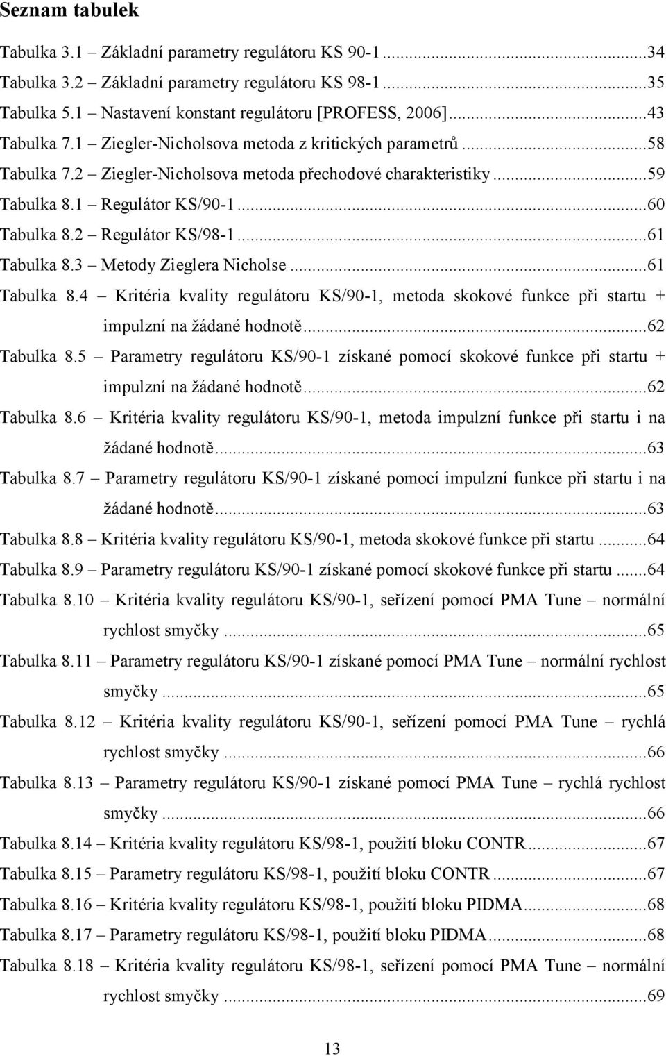 .. 61 Tabulka 8.3 Metody Zieglera Nicholse... 61 Tabulka 8.4 Kritéria kvality regulátoru KS/90-1, metoda skokové funkce při startu + impulzní na žádané hodnotě... 62 Tabulka 8.