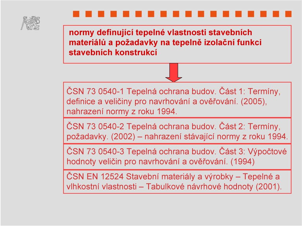 ČSN 73 0540-2 Tepelná ochrana budov. Část 2: Termíny, požadavky. (2002) nahrazení stávající normy z roku 1994.