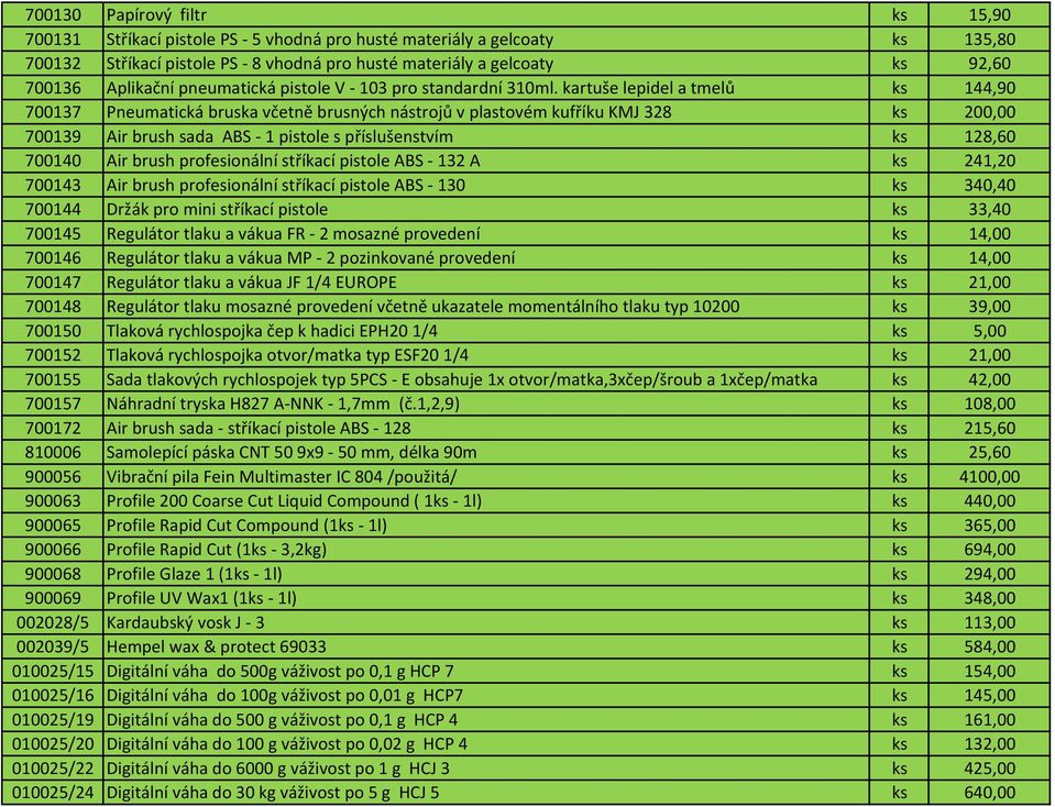kartuše lepidel a tmelů ks 144,90 700137 Pneumatická bruska včetně brusných nástrojů v plastovém kufříku KMJ 328 ks 200,00 700139 Air brush sada ABS - 1 pistole s příslušenstvím ks 128,60 700140 Air