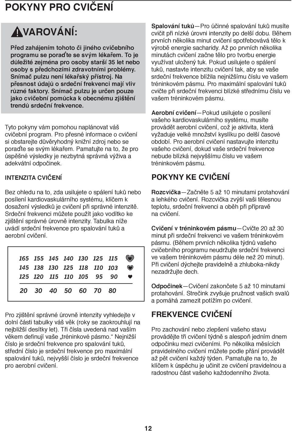 Snímač pulzu je určen pouze jako cvičební pomůcka k obecnému zjištění trendů srdeční frekvence. Tyto pokyny vám pomohou naplánovat váš cvičební program.