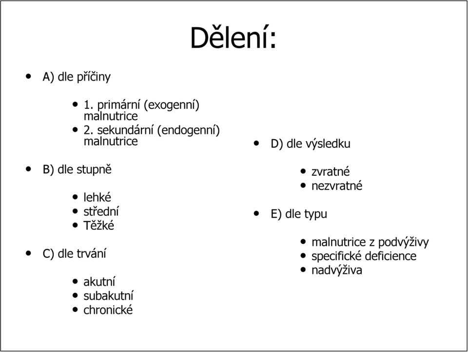 sekundárn rní (endogenní) malnutrice lehké středn ední Těžké C) dle